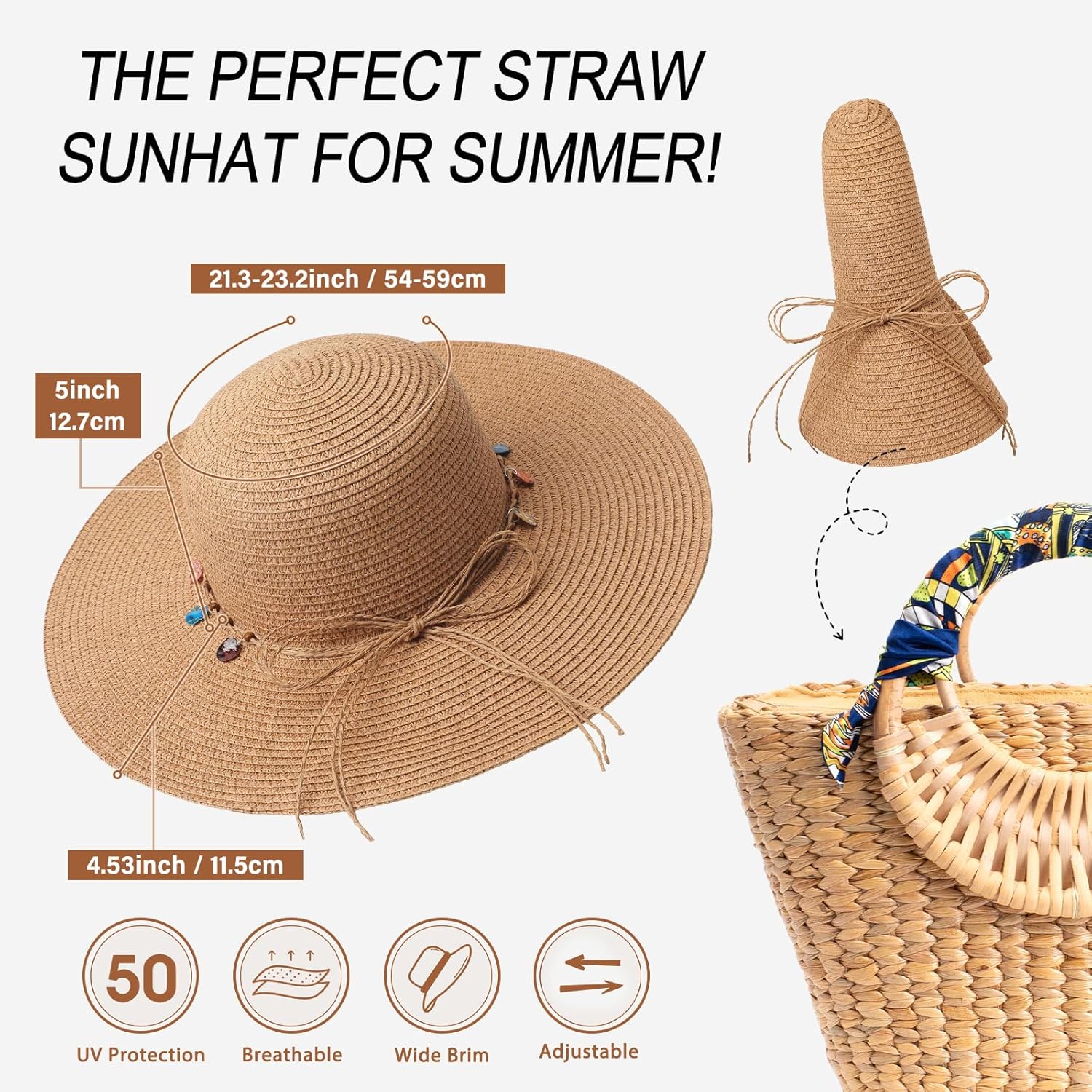 Trifabricy Beach Sun Straw Hats for Women, Wide Brim Womens Sun Hat UPF UV Protection, Foldable Packable Summer Hats Roll Up