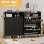Shoe Cabinet with 2 Flip Drawers, Freestanding Hidden Shoe Storage Organizer for Entryway, Narrow Slim Shoe Rack Cabinet with Open Storage & Hooks for Front Door Entrance, Living Room, Hallway, Black