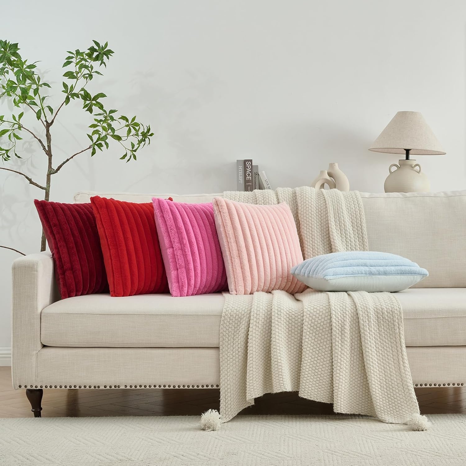 FUTEI Pack of 2 Solid Faux Fur Plush Throw Pillow Covers 18x18 Inch Soft Fluffy Striped Decorative Cushion Cases Modern Farmhouse Accent for Couch Bed Living Room, Cream White