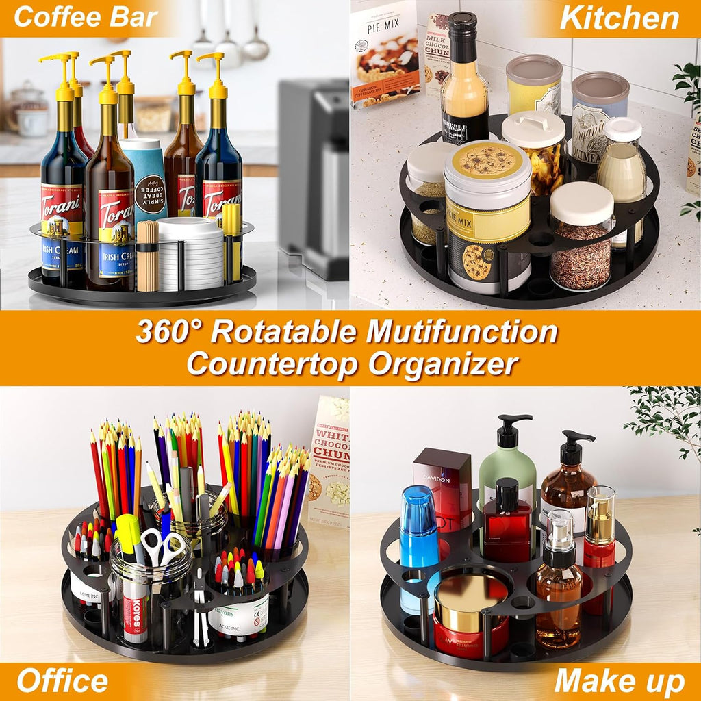 Coffee Syrup Organizer For 8 Bottles, Rotating Coffee Syrup Holder | Storage For Syrup Bottles, Cup And Lid, Stirrers, Wine Display, Syrup Rack Stand For Home, Kitchen, Coffee Bar Organizer