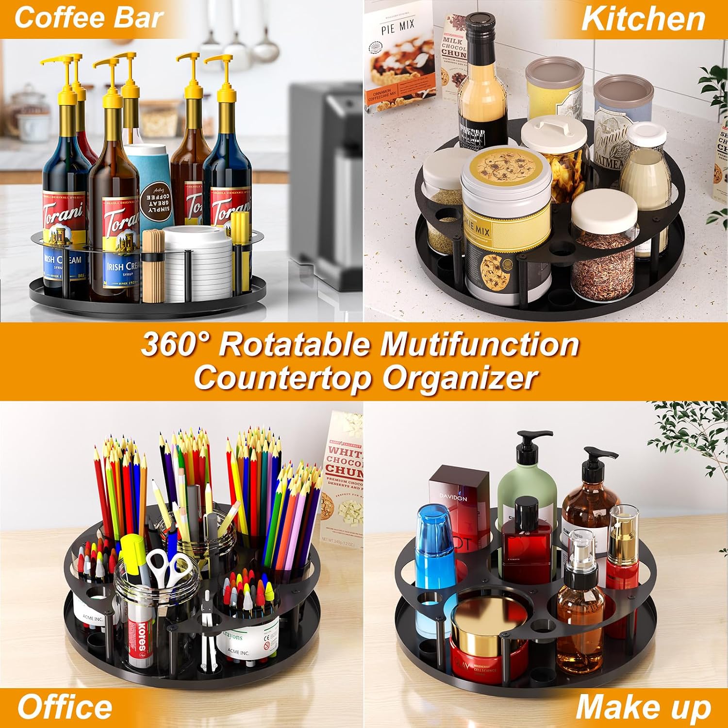 Coffee Syrup Organizer For 8 Bottles, Rotating Coffee Syrup Holder | Storage For Syrup Bottles, Cup And Lid, Stirrers, Wine Display, Syrup Rack Stand For Home, Kitchen, Coffee Bar Organizer