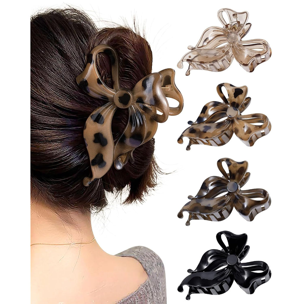 Mesovor 4 Pack Cute Bow Claw Clip For Women, Nonslip Large Matte Strong Hold Bows Hair Clips For Thin And Thick Hair | Chic Hair Styling Accessories (4.1" Black, Leopard)