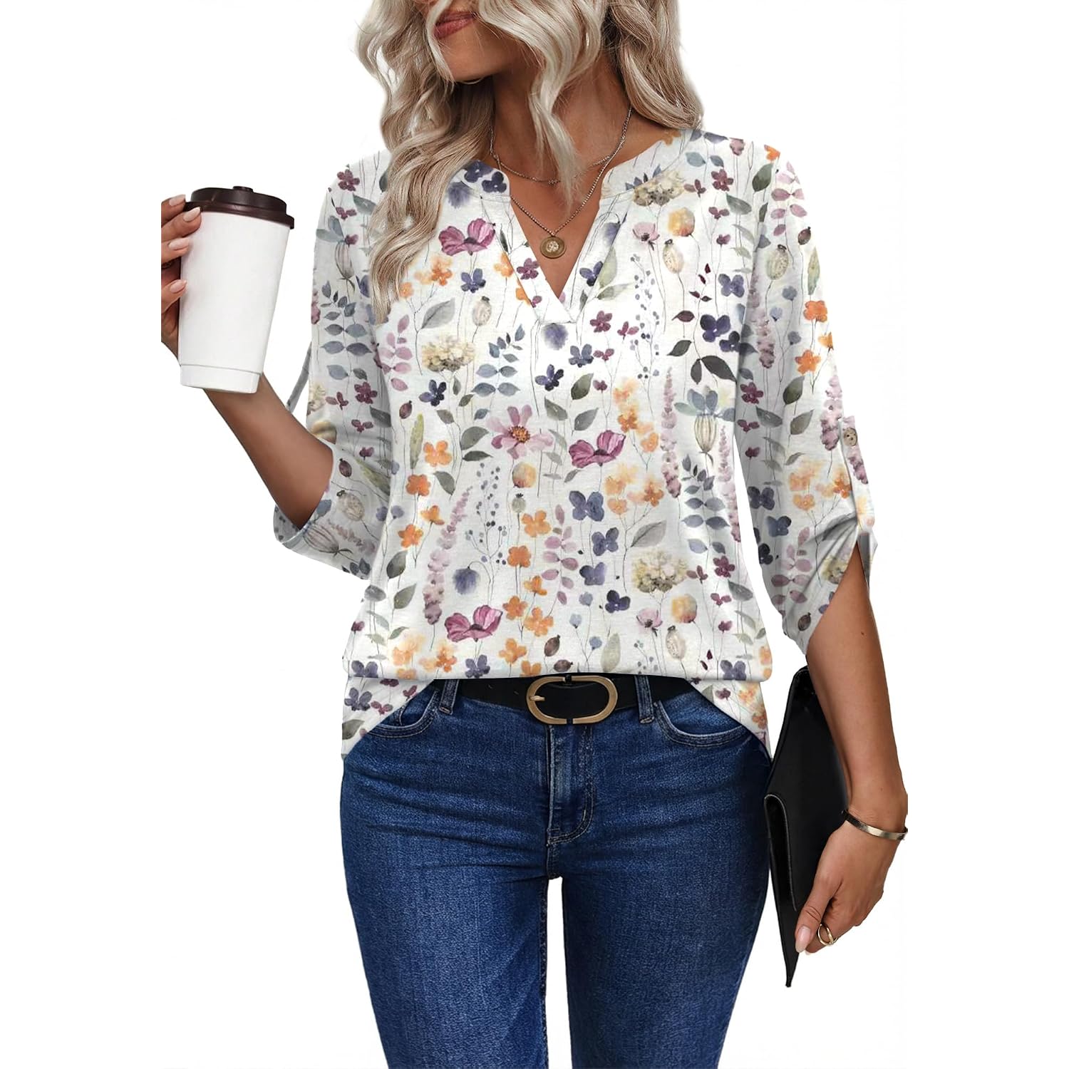 XIEERDUO 3/4 Length Sleeve Womens Tops V Neck T Shirts Both Side Buttons Blouses Business Casual Outfits Loose Fit