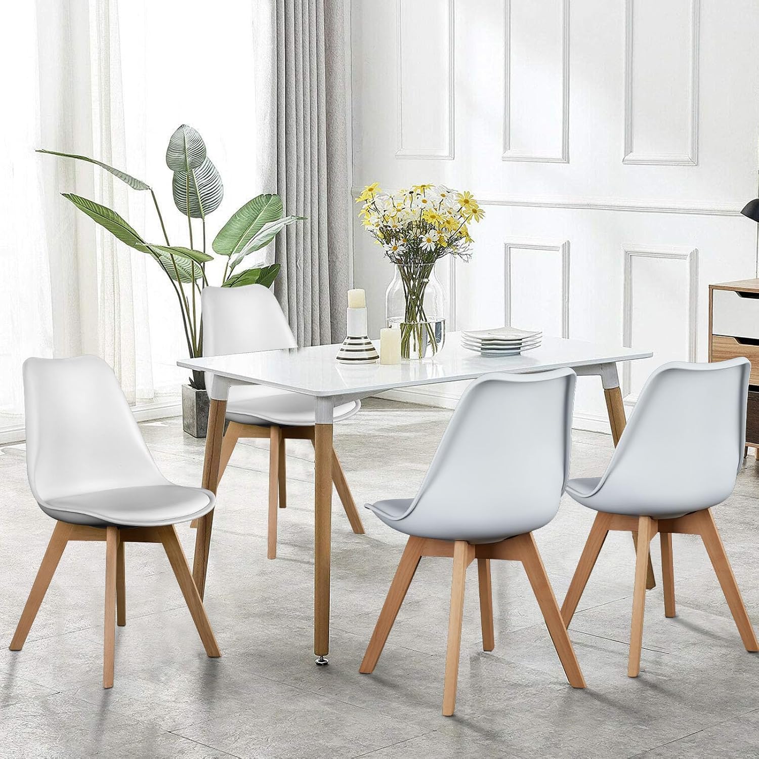 Olixis Dining Chairs Set Of 4, Mid Century Modern Accent Chairs With Curved Backrest And Wood Legs, Pu Leather Upholstered Kitchen Side Chair For Living Room, Bedroom, Outdoor Patio, White