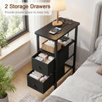 Narrow End Table Living Room With Charging Station, Skinny Side Table With Fabric Drawers, Slim Nightstand For Bedroom, Small Spaces, Couch, Black, Hetndp02Bk-1