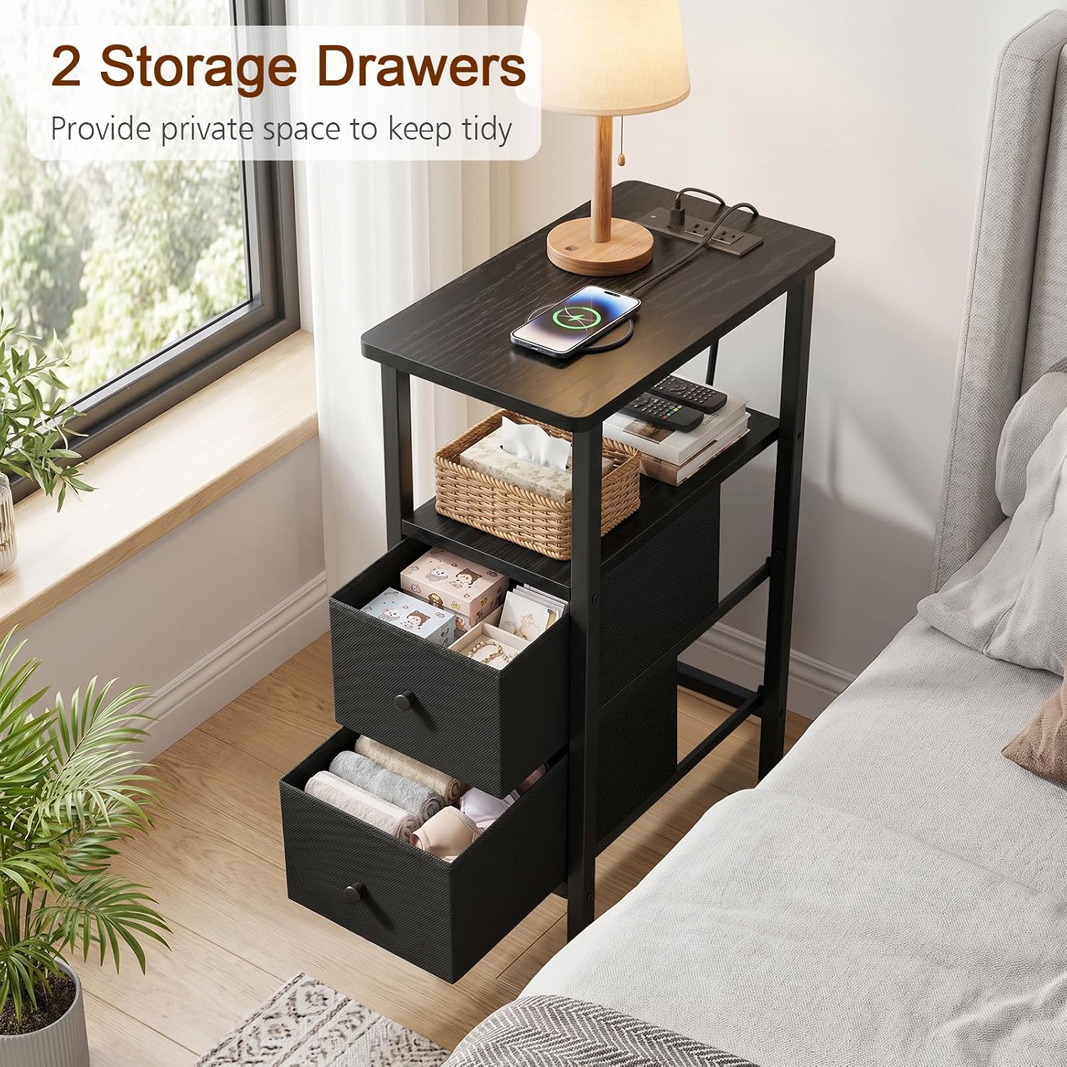 Narrow End Table Living Room With Charging Station, Skinny Side Table With Fabric Drawers, Slim Nightstand For Bedroom, Small Spaces, Couch, Black, Hetndp02Bk-1