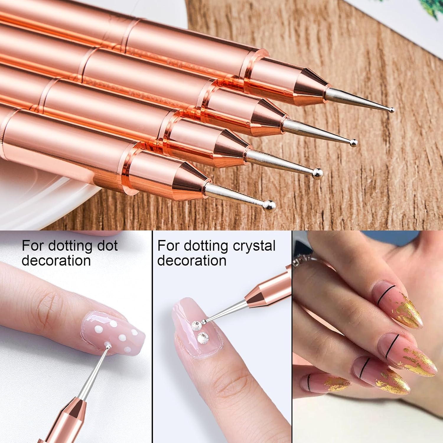 9Pcs Nail Art Brushes Set, Professional Double-Ended Acrylic Liner Detail Brushes for Gel Polish Art Nail, 3D Art Nail Dotting Brush Pen for Manicure DIY Home Salon, Rosegold