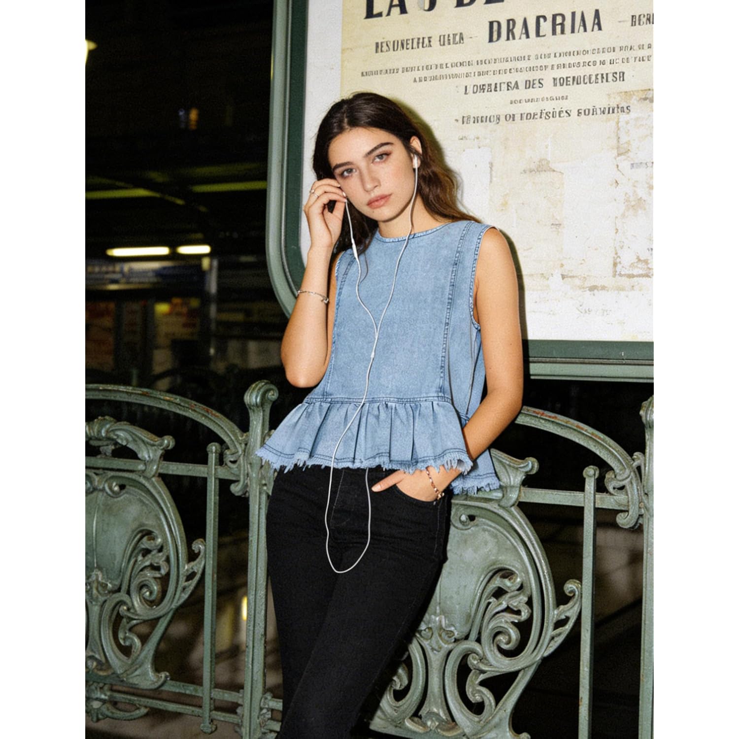 Huaqiao Womens Summer Sleeveless Denim Tops Button Back Crew Neck Jean Vest Cute Swing Ruffle Hem Y2K Tops