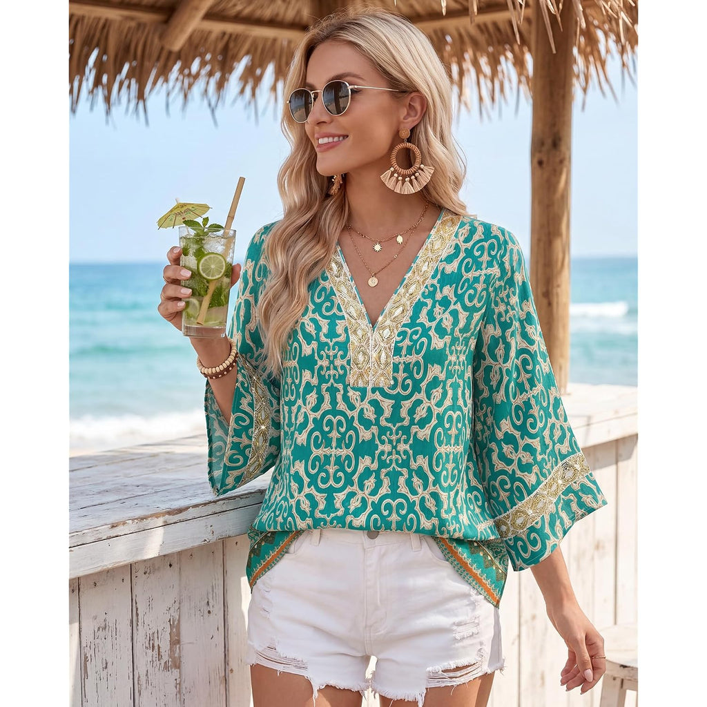 Bebonnie Womens 3/4 Sleeve Embroidered V Neck Boho Blouses Old Money Dressy Casual Tunic Tops