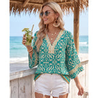 Bebonnie Womens 3/4 Sleeve Embroidered V Neck Boho Blouses Old Money Dressy Casual Tunic Tops