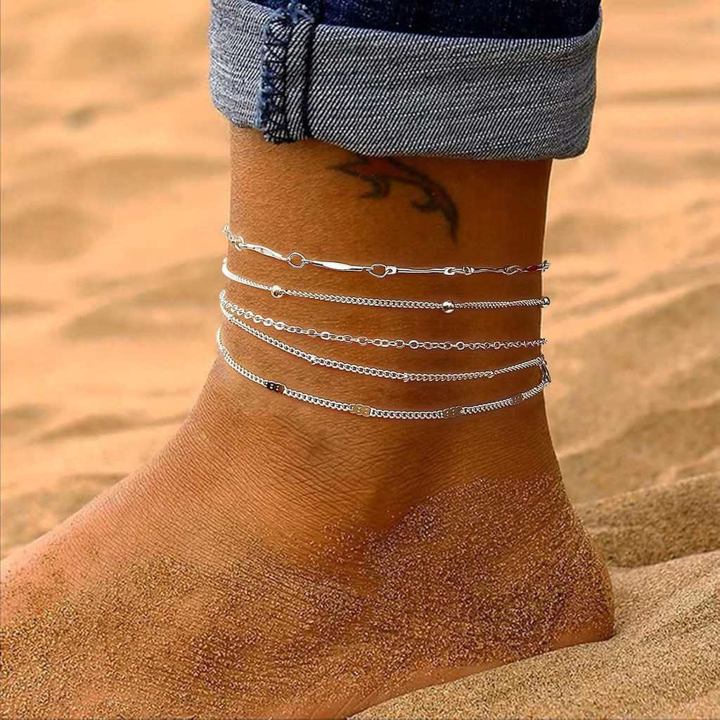LEXODY Silver/Gold Anklets for Women, Sterling Silver Evil Eye Ankle Bracelets for Women Trendy Dainty Waterproof Anklets Set Adjustable Layered Anklet Bracelets for Women Silver Jewelry Gift