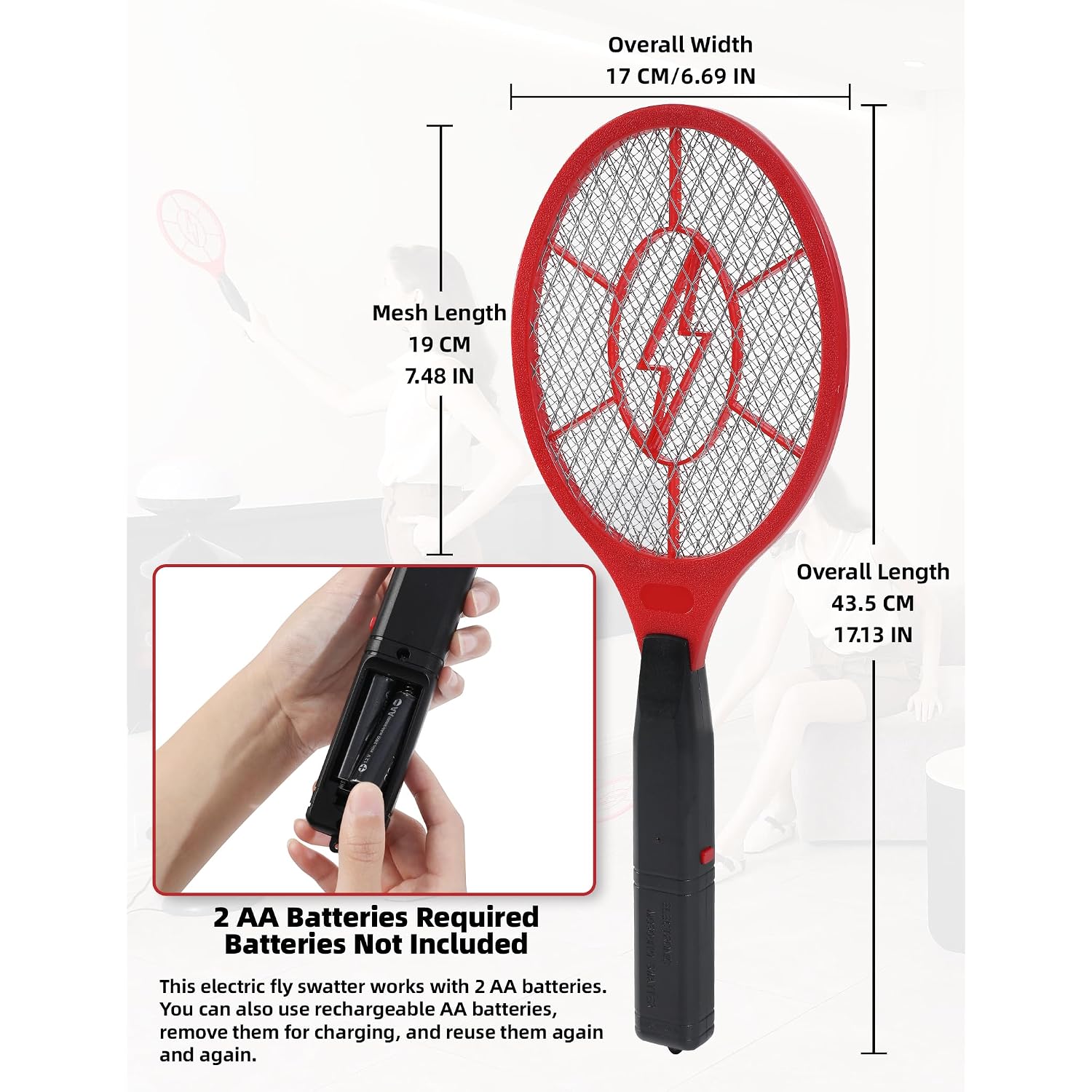 Electric Fly Swatter 2 Pack (Red & Blue), Battery Powered Bug Zapper Racket For Mosquitoes & Flies, Safe Protective Mesh, Indoor & Outdoor Use, Batteries Not Included