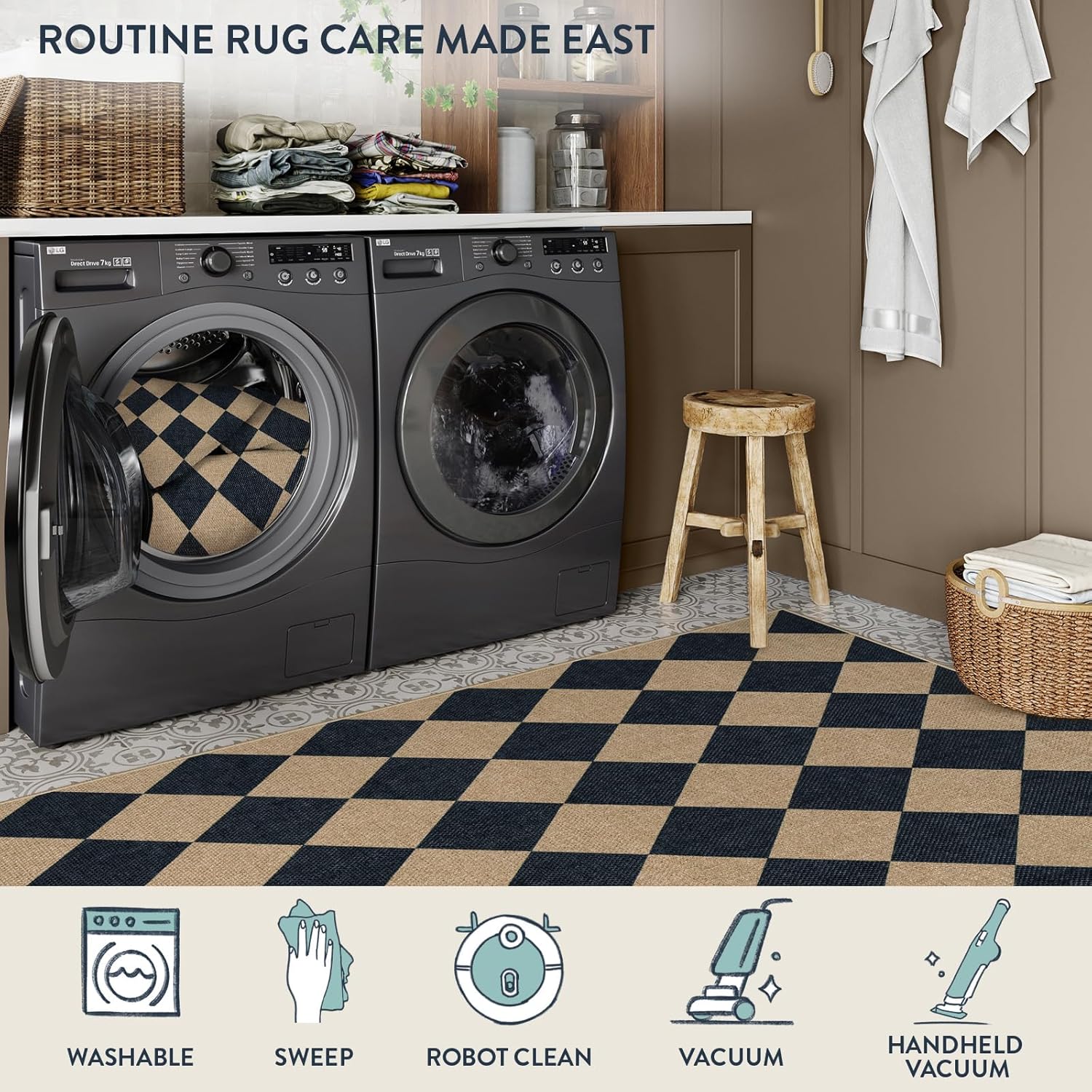 Lahome Colette Checkered Easy Jute 3x5 Outdoor Patio Rug, Washable Rugs for Entryway Diamond Indoor Outdoor Living Room Carpet, Farmhouse Neutral Non Slip Black Door Carpet for Patriotic Decor