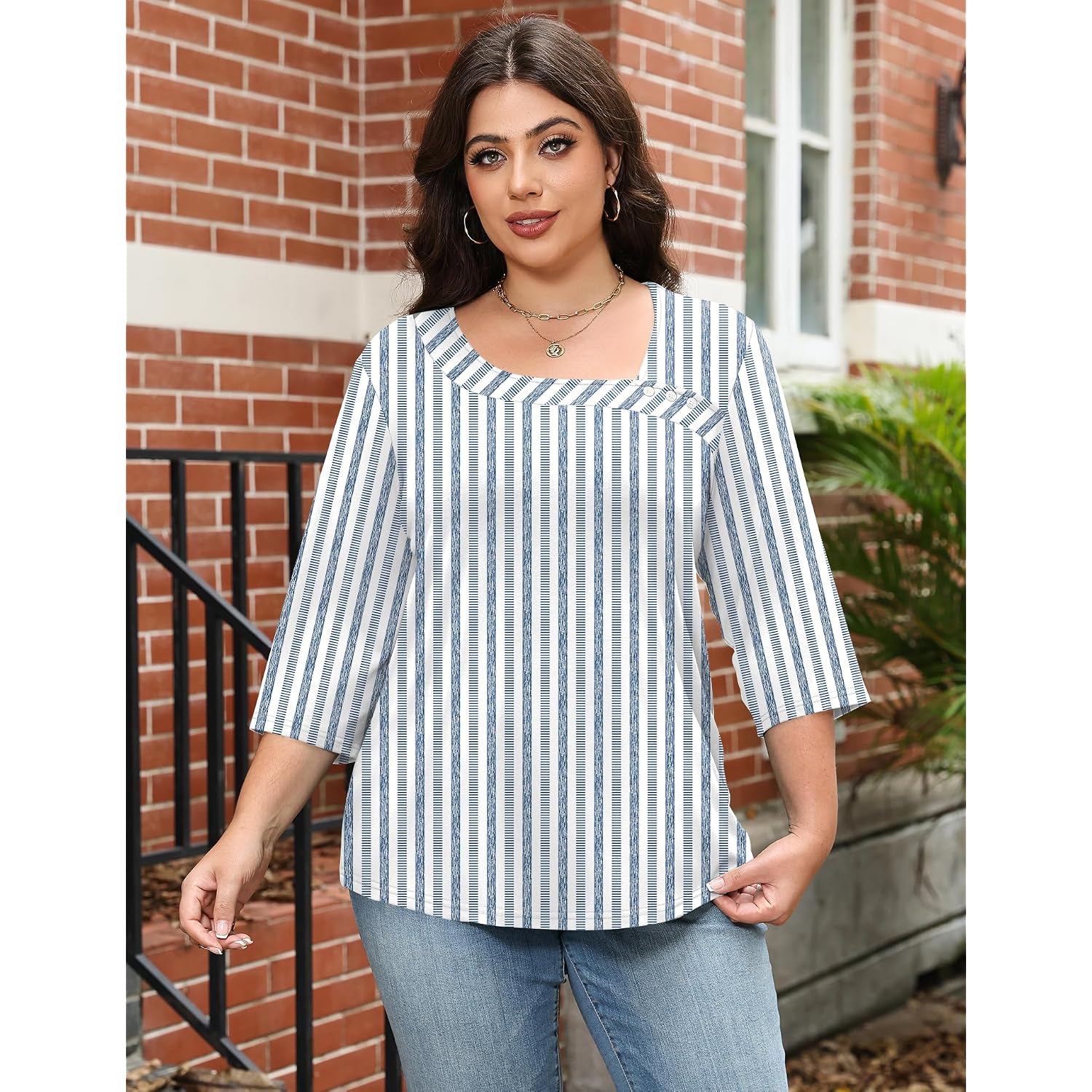 Lomon Womens Plus Size Tops 3/4 Length Sleeve T Shirts Asymmetrical Neck Blouses For Women Fashion 2026