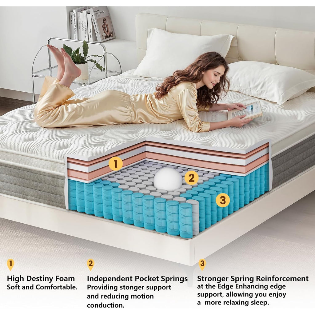 Queen Mattress, 12 Inch Queen Size Hybrid Mattress In A Box With Memory Foam And Individually Pocketed Spring, Motion Isolation, Pressure Relief, Medium Firmness, Certipur-Us Certified
