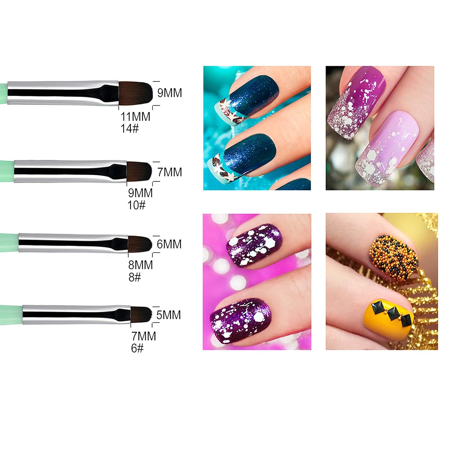 Beaute Galleria - 4pcs Acrylic UV Gel PolyGel Nail Art Brush Set (Size 6, 8, 10, 14), Nail Tips Builder Painting Pen Clean-Up Brush, Wooden Handle with Nylon Hair