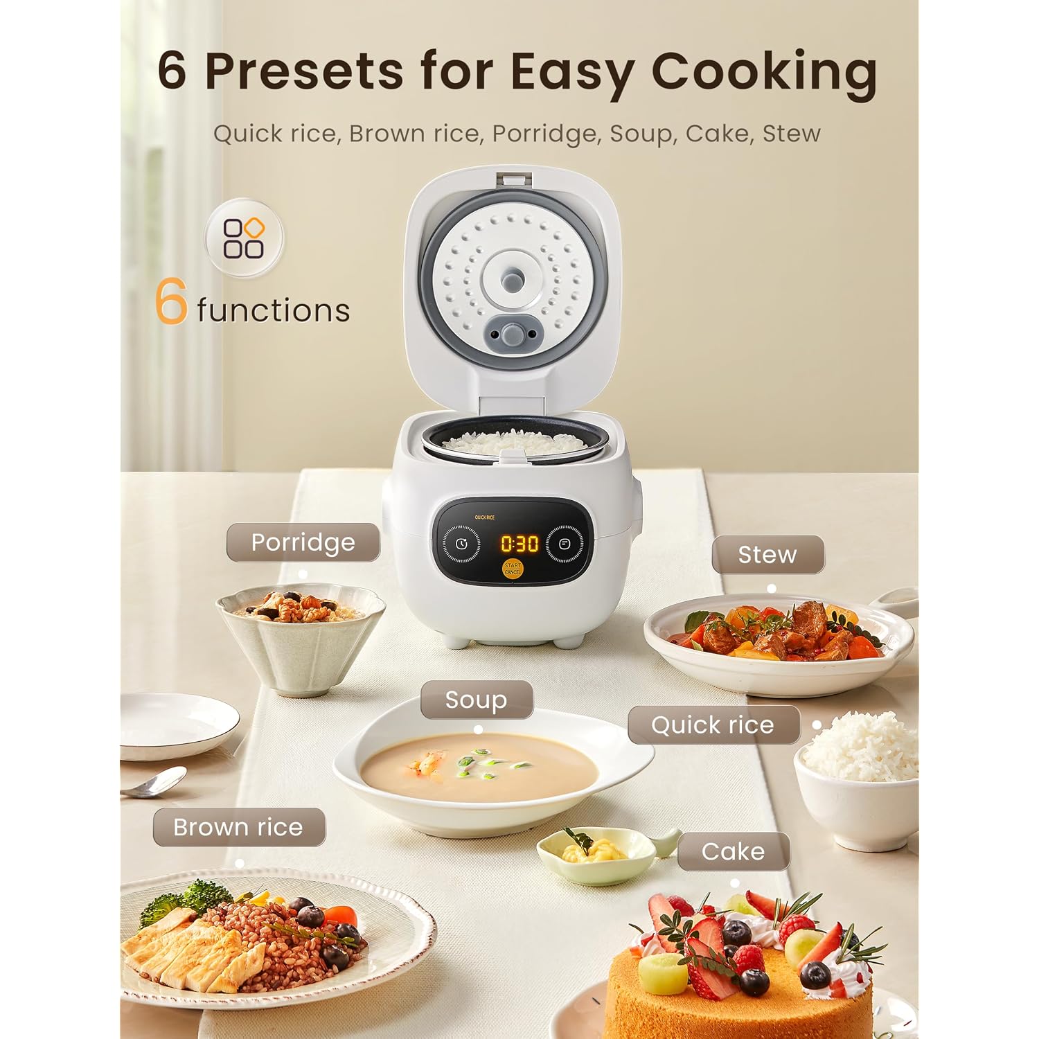 Comfee' Mini Rice Cooker 4 Cups Cooked/2 Cups Uncooked, Portable Non-Stick Rice Maker, 24 Hours Timer Delay, 6 Functions, Fast Cooker, Brown Rice, Oatmeal, White