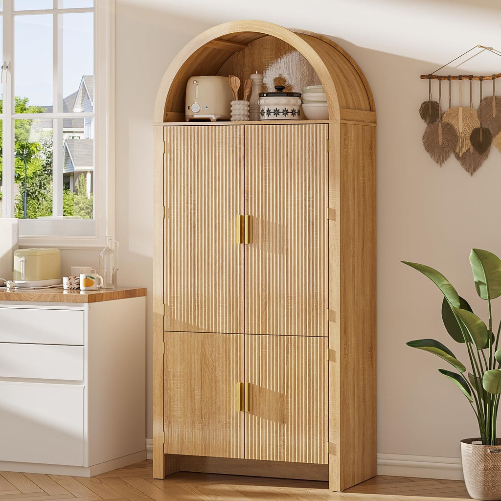 71" Arched Kitchen Pantry Cabinet, Fluted Wood Storage With 3 Adjustable Shelves & 6 Door Shelves, Modern Organizer For Kitchen, Bathroom, Natural Wood Finish (Wood)