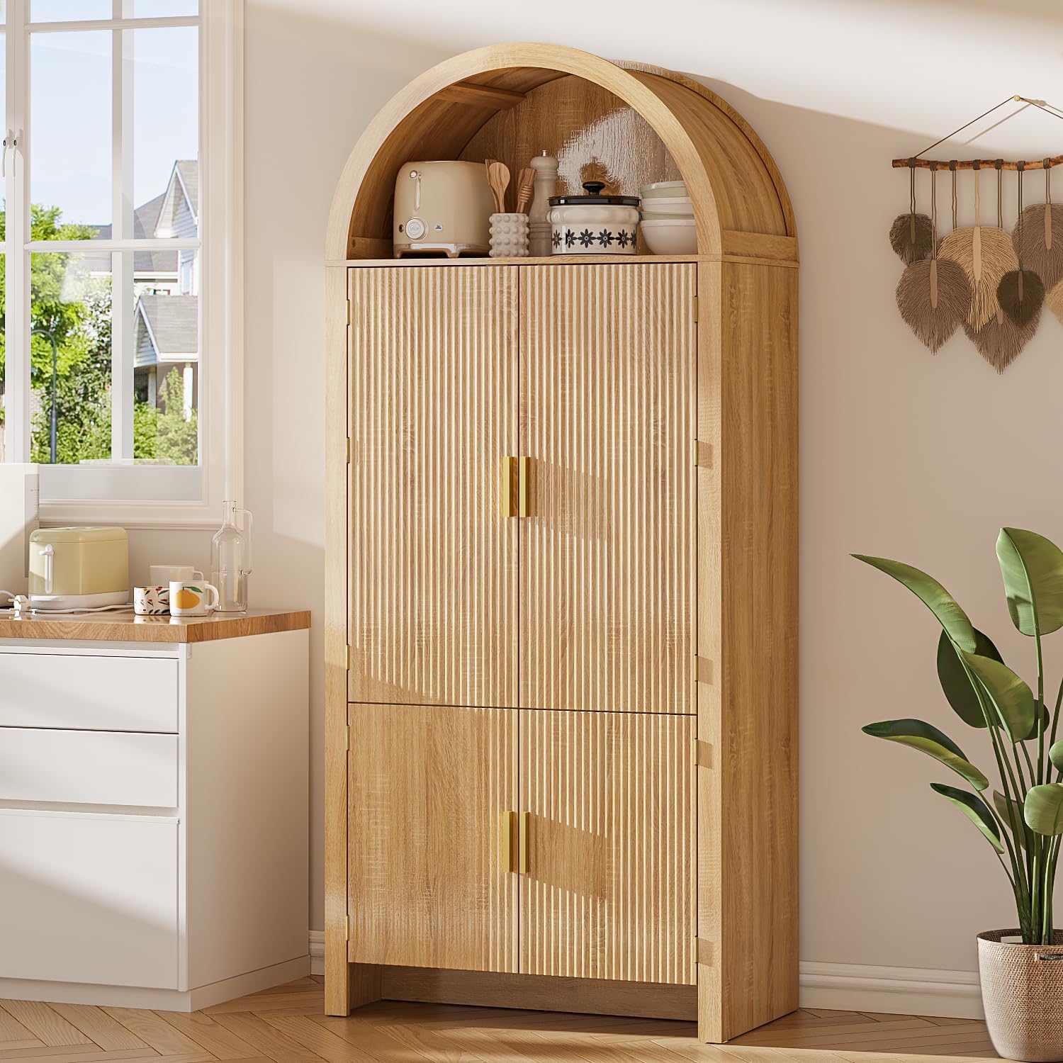 71" Arched Kitchen Pantry Cabinet, Fluted Wood Storage With 3 Adjustable Shelves & 6 Door Shelves, Modern Organizer For Kitchen, Bathroom, Natural Wood Finish (Wood)