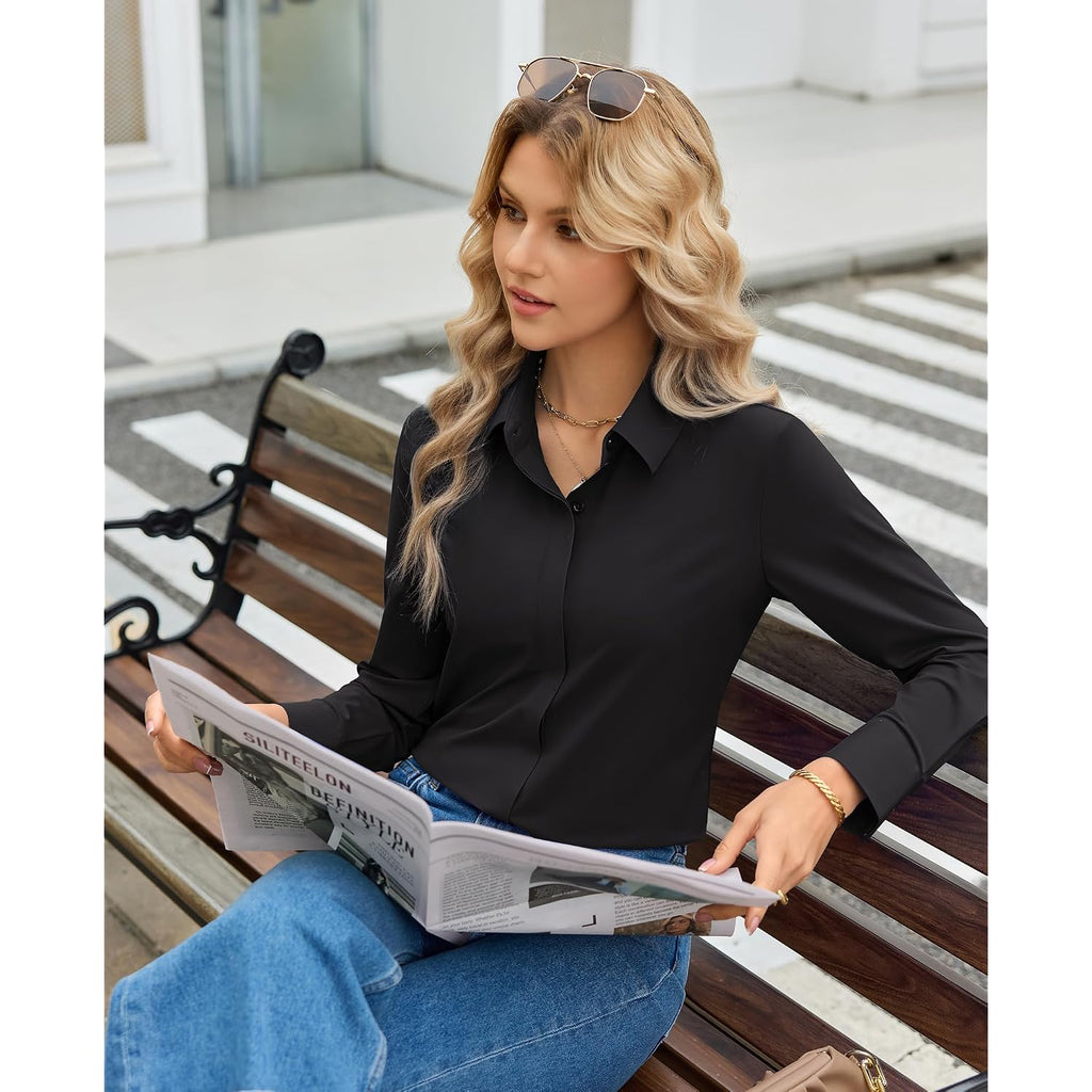Siliteelon Button Down Shirts For Women Stretch Long Sleeve Wrinkle Free Collared Fitted Business Casual Tops Work Blouse