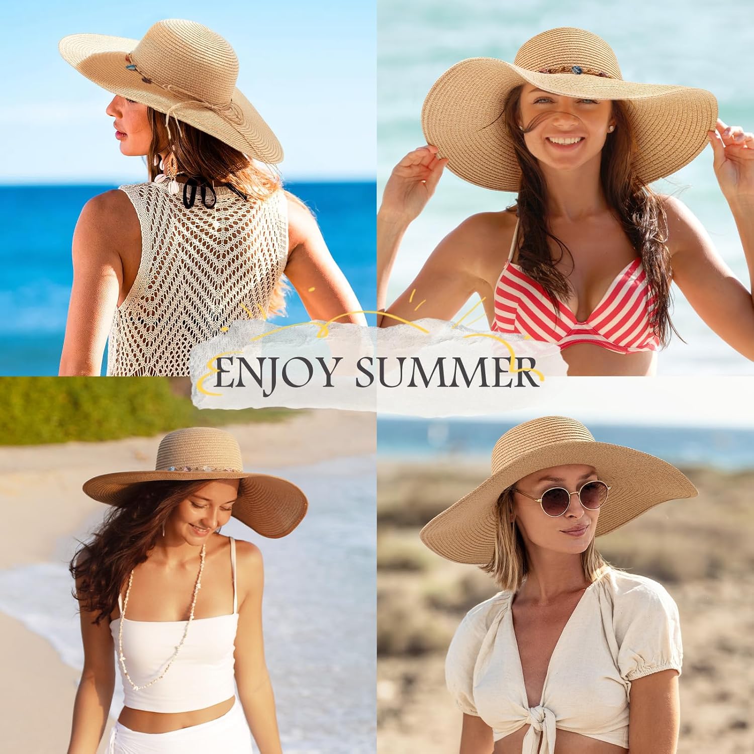 Trifabricy Beach Sun Straw Hats for Women, Wide Brim Womens Sun Hat UPF UV Protection, Foldable Packable Summer Hats Roll Up