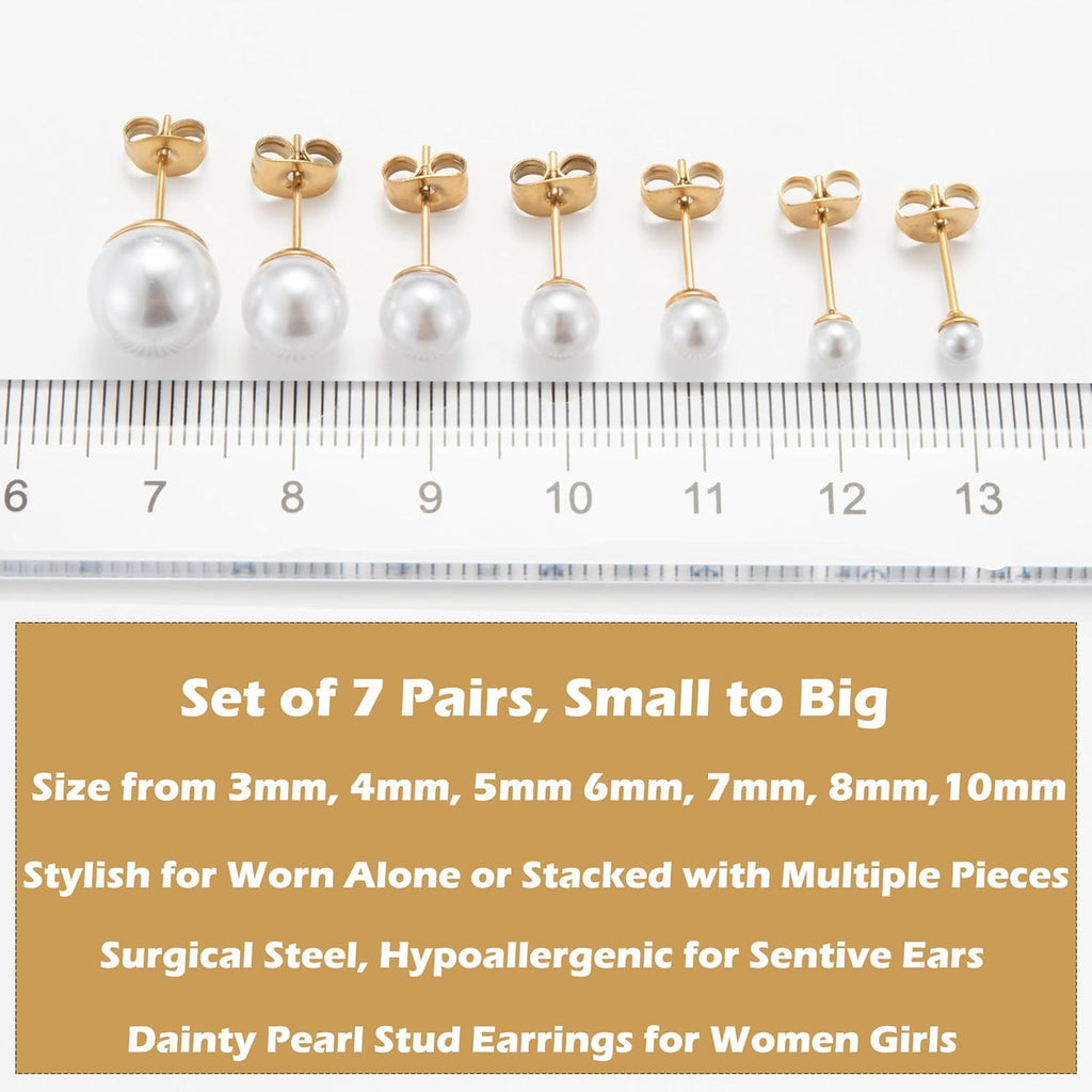 14K Gold Filled Polished Small CZ Pearl Ball Stud Earrings Set for Women Men 20G Surgical Steel Hypoallergenic Piercing Studs for Sensitive Ear, Pack of 6 Pairs