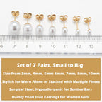 14K Gold Filled Polished Small CZ Pearl Ball Stud Earrings Set for Women Men 20G Surgical Steel Hypoallergenic Piercing Studs for Sensitive Ear, Pack of 6 Pairs