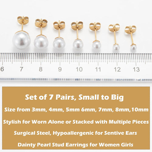 14K Gold Filled Polished Small CZ Pearl Ball Stud Earrings Set for Women Men 20G Surgical Steel Hypoallergenic Piercing Studs for Sensitive Ear, Pack of 6 Pairs