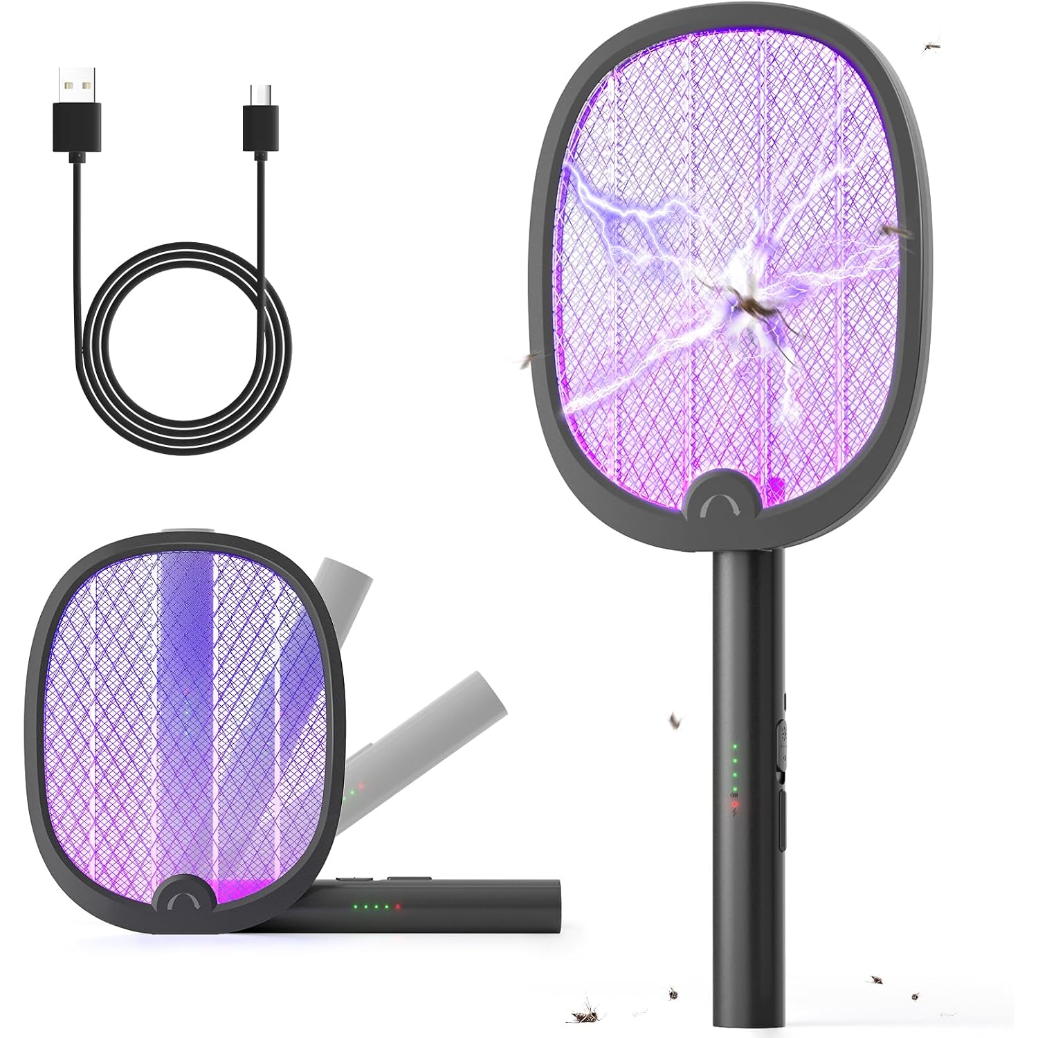 Yissvic Electric Fly Swatter Foldable Bug Zapper Racket 2 In 1 Mosquito Killer With Purple Attractant Light Rechargeable 1800Mah For Indoor Home Backyard Patio Camping