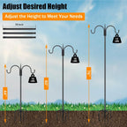 Heavy Duty Shepherds Hook 76" Double Hooks Adjustable (44/60/76") - Alloy Steel 5-Prong Base, 17Lb Capacity - Easy Assembly Bird Feeder Pole For Hanging Planters, Lanterns, Wind Chimes