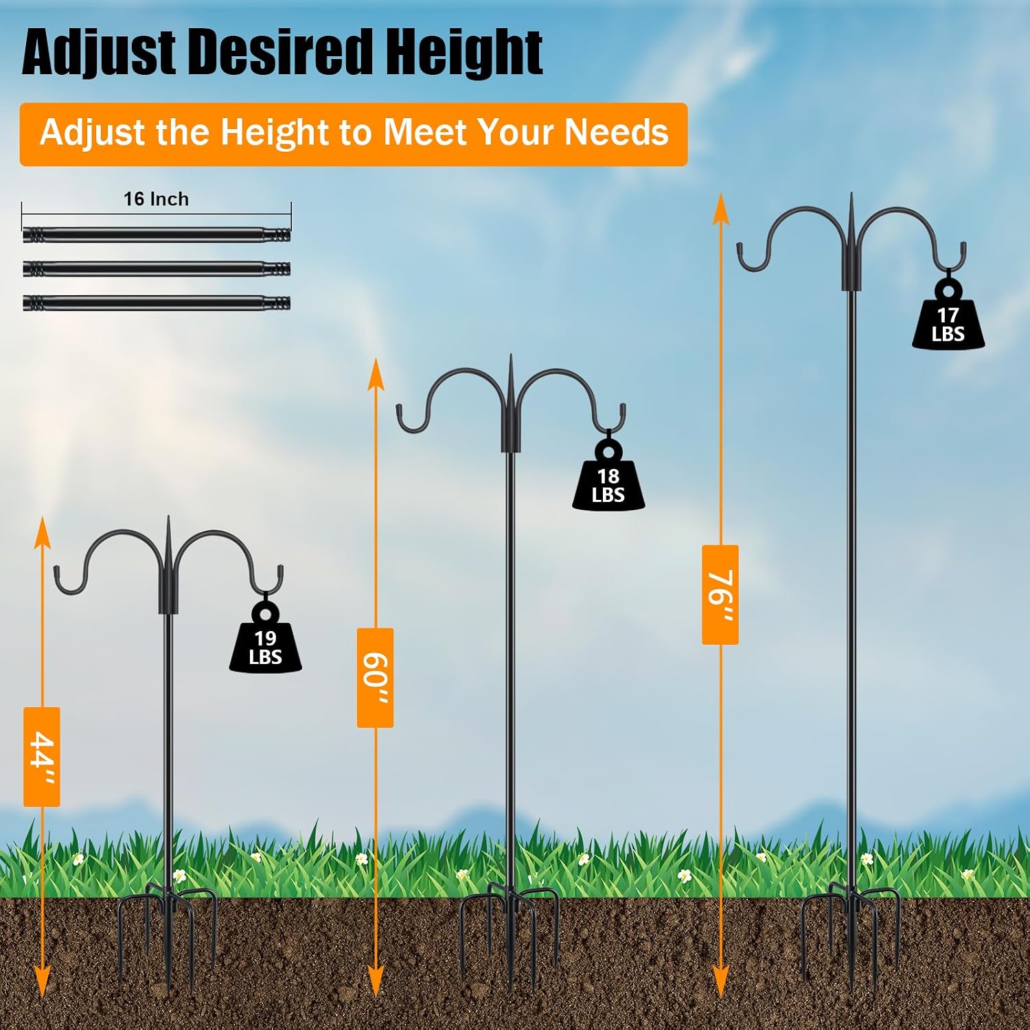 Heavy Duty Shepherds Hook 76" Double Hooks Adjustable (44/60/76") - Alloy Steel 5-Prong Base, 17Lb Capacity - Easy Assembly Bird Feeder Pole For Hanging Planters, Lanterns, Wind Chimes