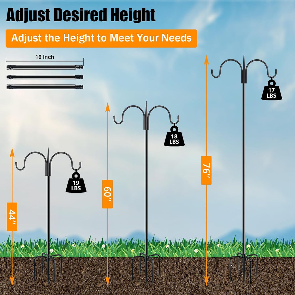 Heavy Duty Shepherds Hook 76" Double Hooks Adjustable (44/60/76") - Alloy Steel 5-Prong Base, 17Lb Capacity - Easy Assembly Bird Feeder Pole For Hanging Planters, Lanterns, Wind Chimes