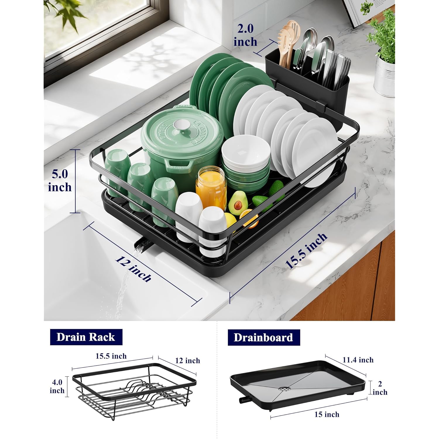 Kitsure Dish Drying Rack for Kitchen Counter, Stainless Steel Sink Organization and Storage Essentials with Cutlery Holder, Home and Appartment Decor, 12''W x 15.5''L, Black