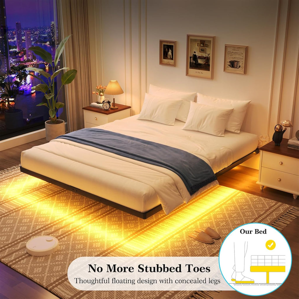 Floating Bed Frame Queen Size, Queen Bed Frame With Smart Led Lights, Heavy Duty Modern Metal Platform Bed No Box Spring Needed - Easy Assembly And Noise Free