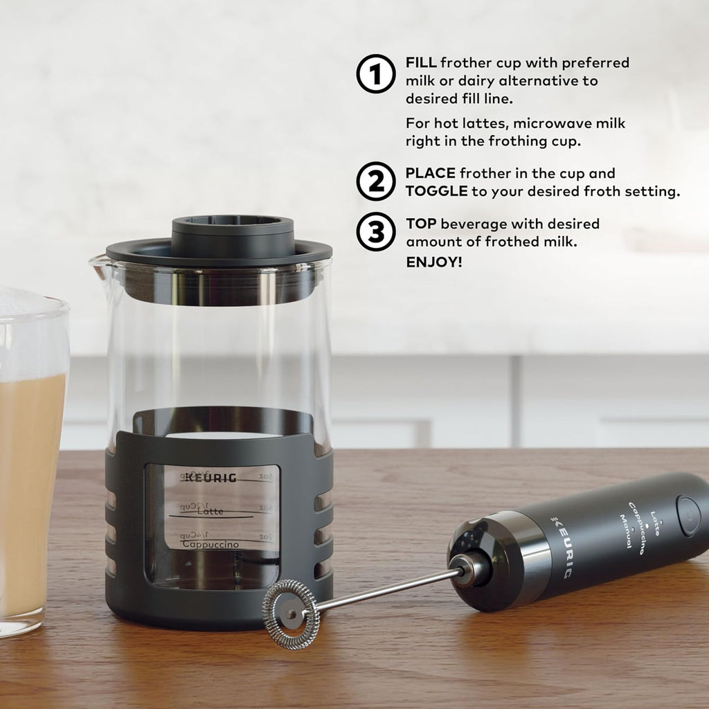 Keurig SimpleCafe Frother, Rechargeable Handheld Milk Frother for Lattes, Cappuccinos & Iced Coffee, USB Cord Included, Microwave-Safe Frothing Cup, Hot & Cold Foam Maker
