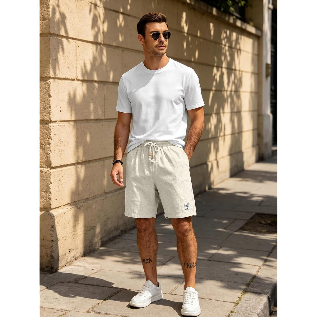 Jemldl Mens Cotton Linen Shorts 7 Inch Elastic Waist Drawstring Casual Vacation Summer Beach Golf Shorts With Pockets