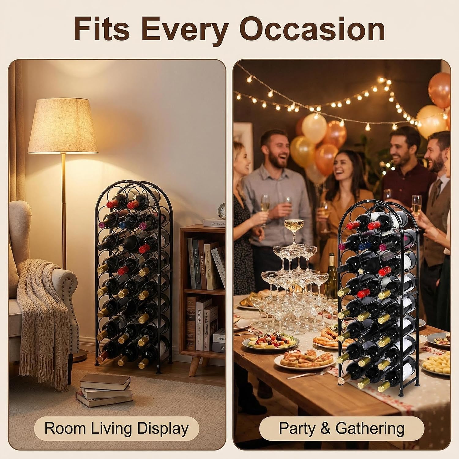 23 Bottles Arched Freestanding Floor Metal Wine Rack Wine Bottle Holders Stands, Black