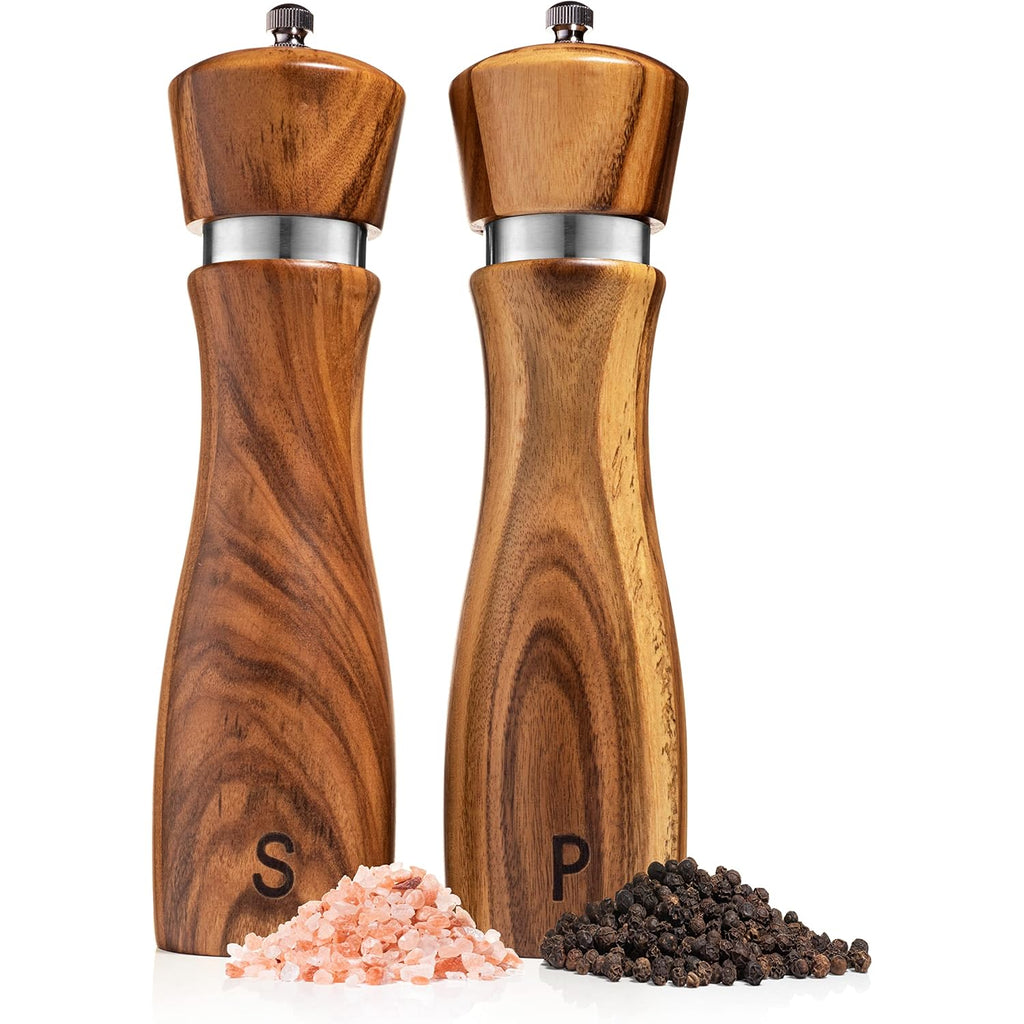 Wooden Salt And Pepper Grinder Set: Refillable Salt & Pepper Mills Adjust For Customized Coarseness, Crafted Of Solid Acacia Wood With Ceramic/Stainless Steel Core, 8 Inches Each
