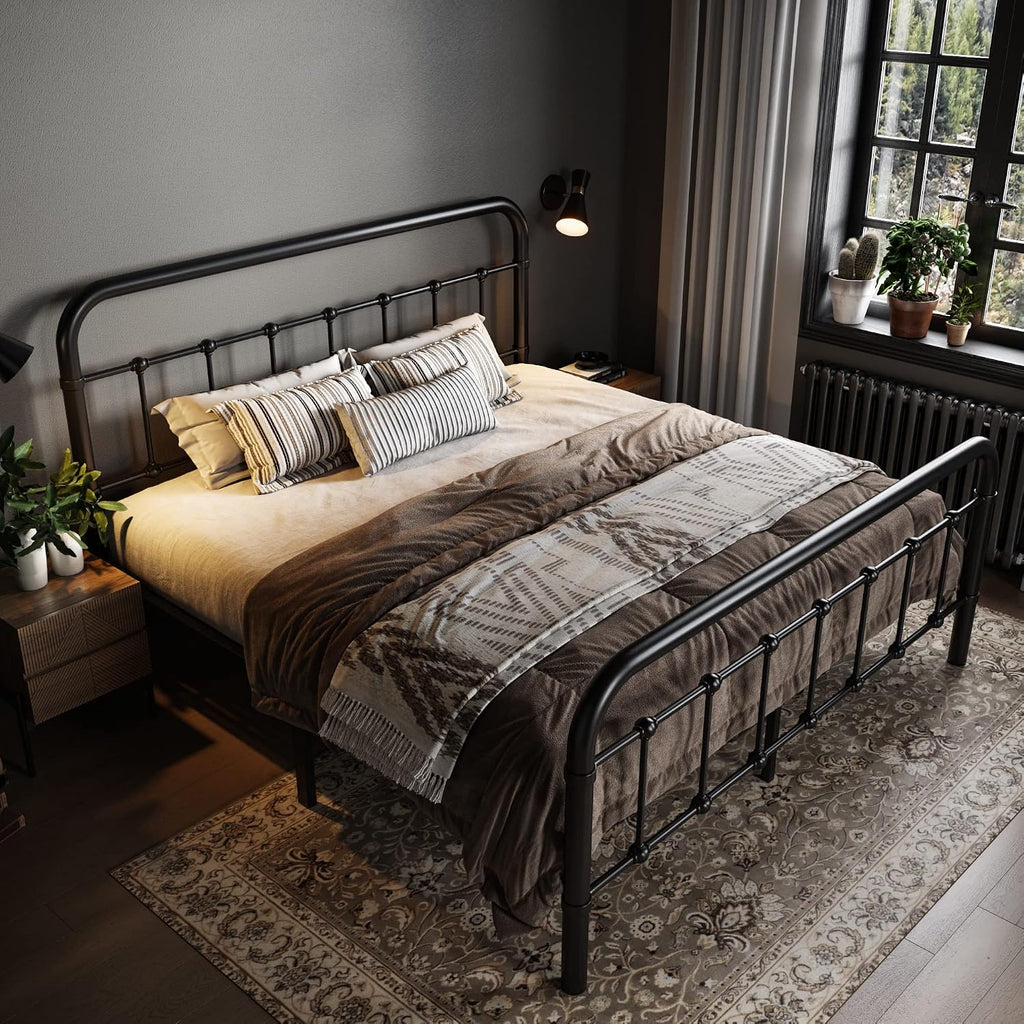 Allewie Queen Size Metal Platform Bed Frame With Victorian Style Wrought Iron-Art Headboard/Footboard, No Box Spring Required, Black