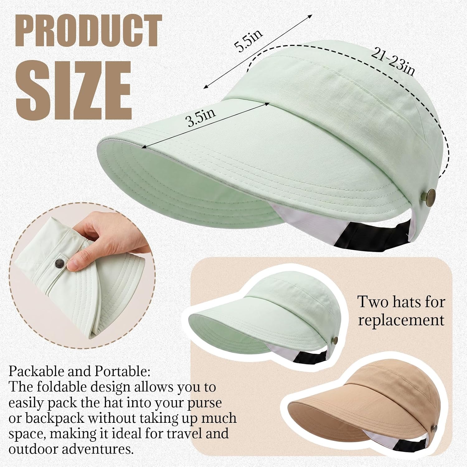 2 Pack Women Sun Hat UV Protection Hiking Fishing Hats Wide Brim Hat Adjustable Ponytail Packable Cap for Outdoor Khaki, Mint Green