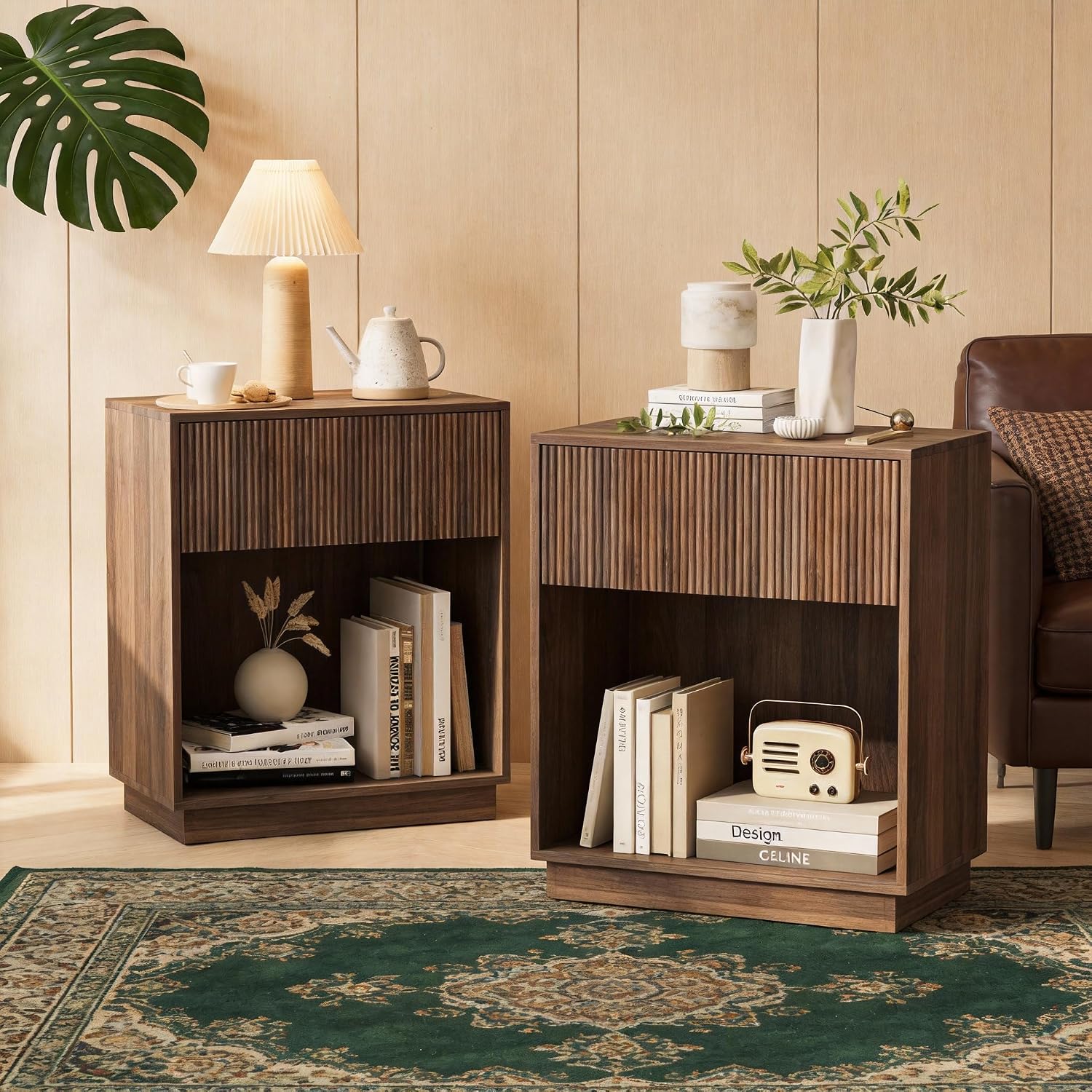Fluted Nightstands Set Of 2, Modern Bedside Table With Storage Drawer And Open Wood Shelf, Wood End Table Mid Century Night Stands For Bedroom Living Room Sofa Couch Office Walnut Brown