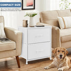 Dumos Night Stand Small Dresser For Bedroom With 2 Drawers, Bedside Table | Fabric Bedside Storage Furniture, 20 Inch Tall End Side Table For Closet, Bedroom, White