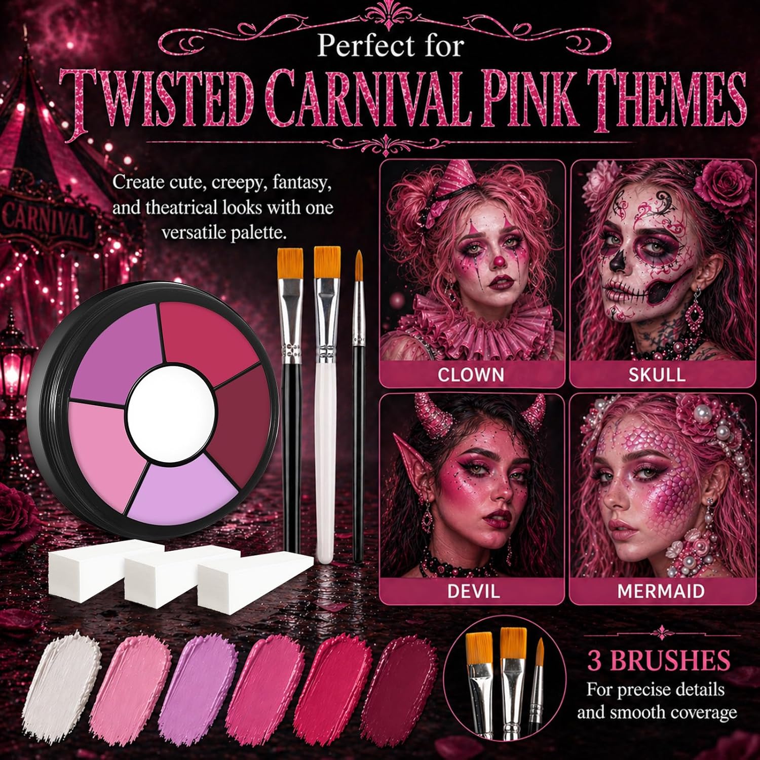 BOBISUKA Pink Cream Face & Body Paint Palette Kit with 3 Brushes 3 Sponges, Highly Pigmented Easy to Blend Long Lasting Halloween Makeup for Clown, Skull, Devil, Demon,Mermaid Costume & Theme