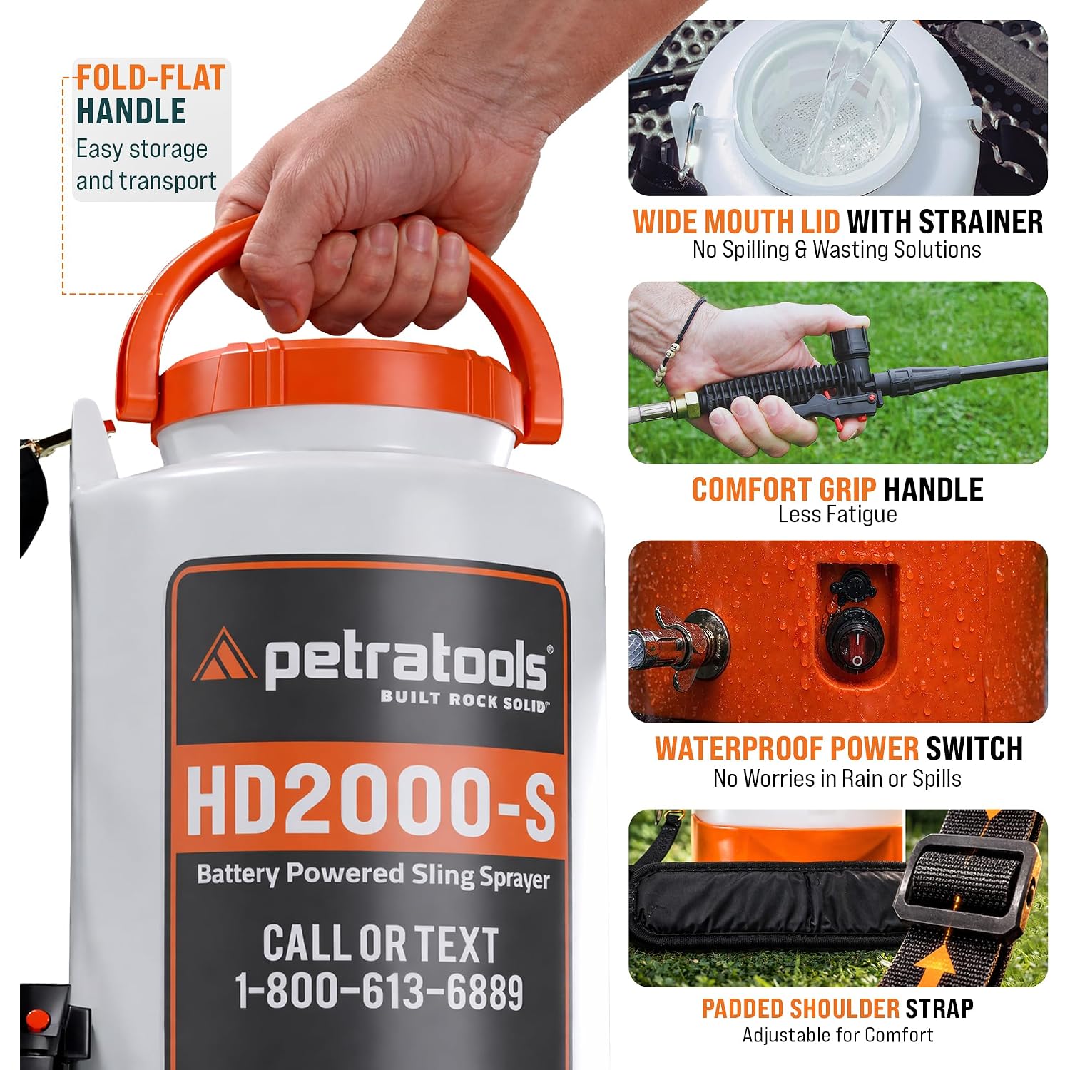 Petratools Hd2000-S 2 Gallon Battery Powered Garden Sprayer, 2 Hour Runtime | Rechargeable Weed Sprayer W/ 4 Ft Hose, Wand, 2 Nozzles - For Lawn Care, Weed & Pest Control, Fertilizing - Up To 20 Ft Reach