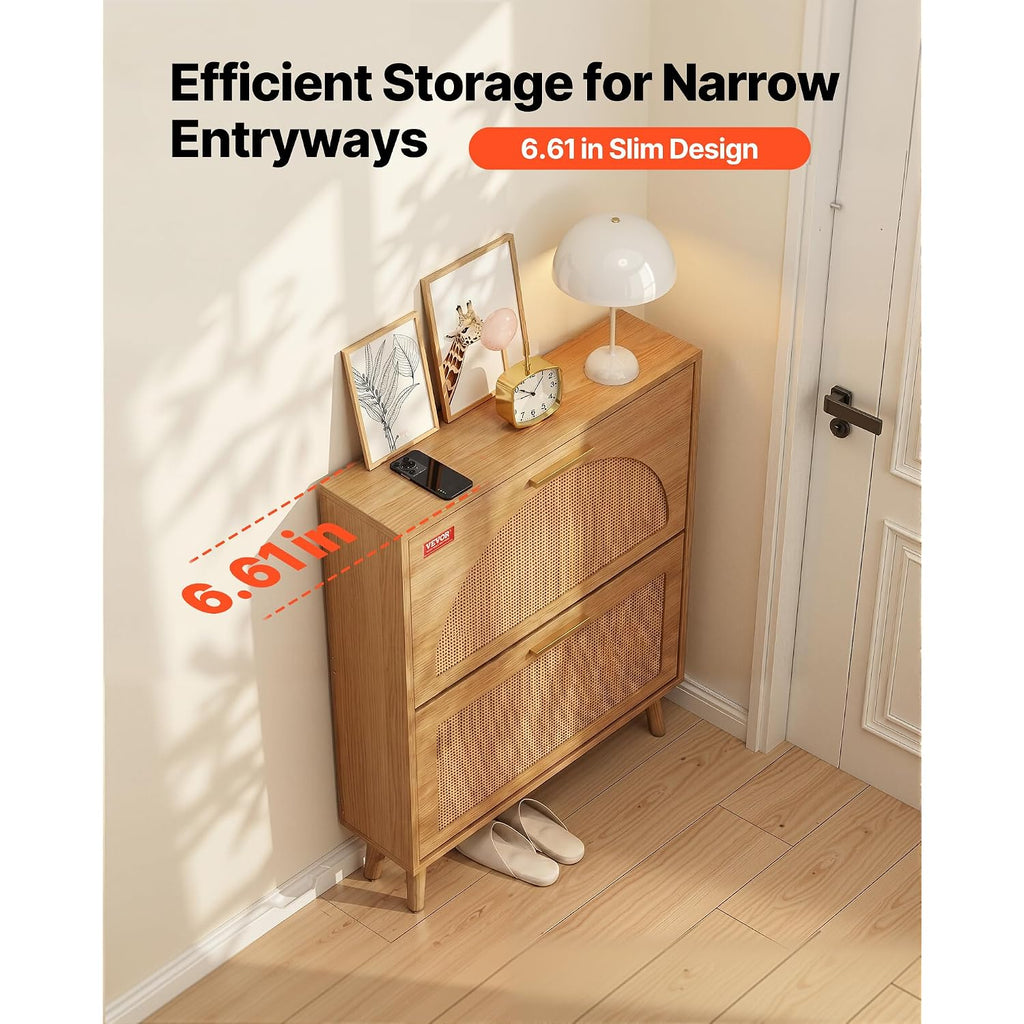 Vevor Shoe Cabinet With 2 Flip Drawers, Shoe Storage Cabinet For Entryway, Free Standing Shoe Storage Organizer With Rattan Doors For Heels, Boots, Slippers In Hallway, Living Room