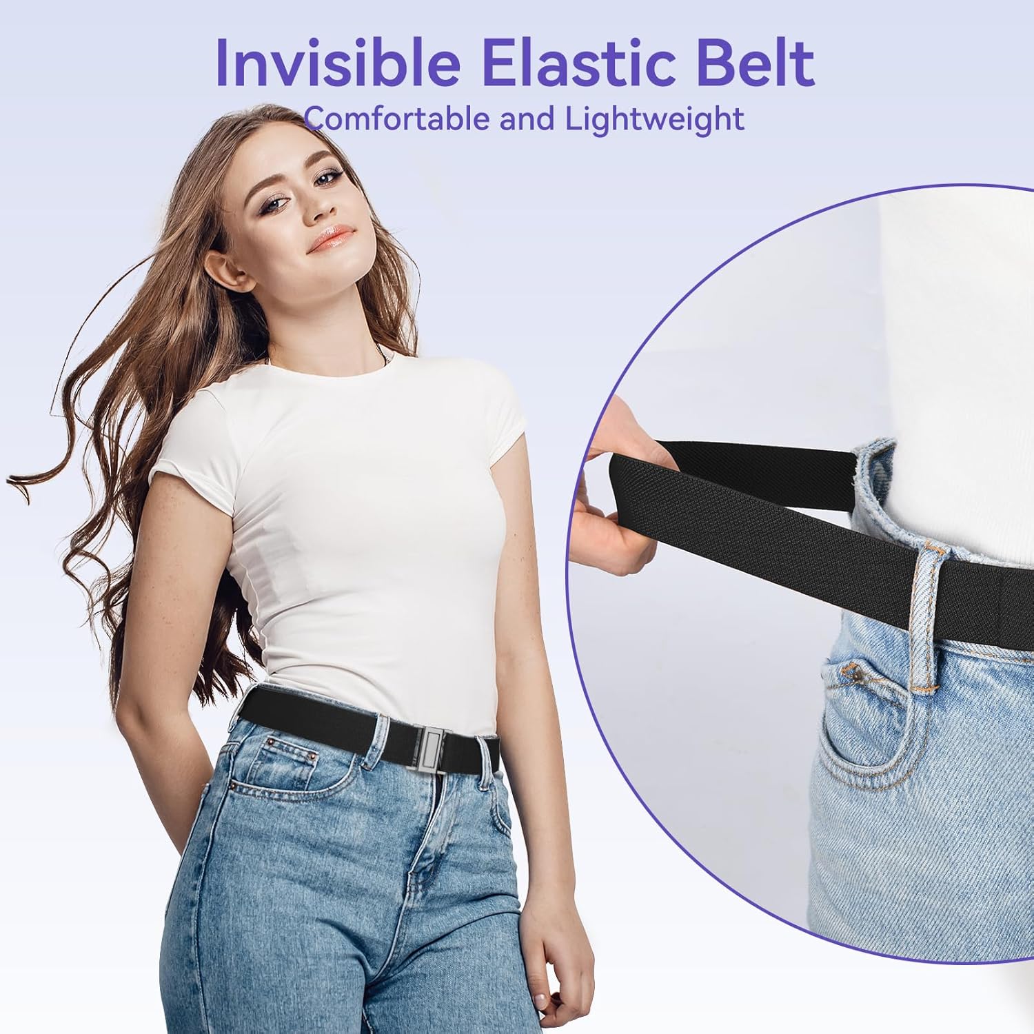 No Show Elastic Belts for Women with Invisible Flat Buckle Stretch Web Strap Belt for Jeans Pants Dresses