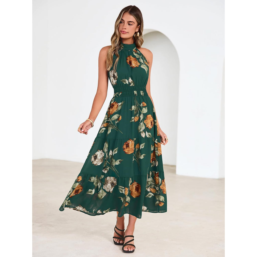 Simplee Womens Summer Halter Wedding Guest Dress Maxi Floral Vacation Boho Sundresses Flowy Formal Long Travel Dresses 2026