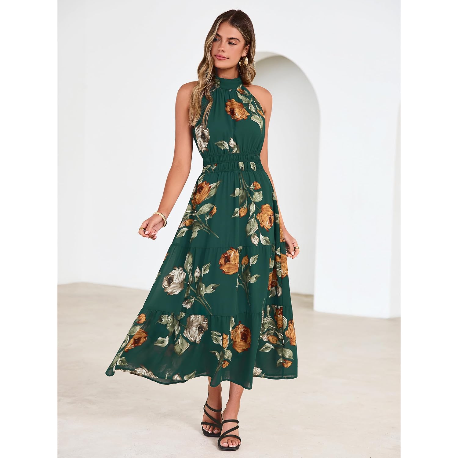 Simplee Womens Summer Halter Wedding Guest Dress Maxi Floral Vacation Boho Sundresses Flowy Formal Long Travel Dresses 2026