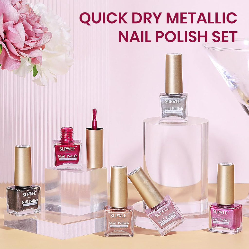 Metallic Nail Polish Set, Mirror Nail Polish Non Gel Quick Dry & High Gloss Chrome Effect Mini Air Dry Nail Lacquer Fingernail Toe Nails for Women Girls Manicure Salon DIY Home