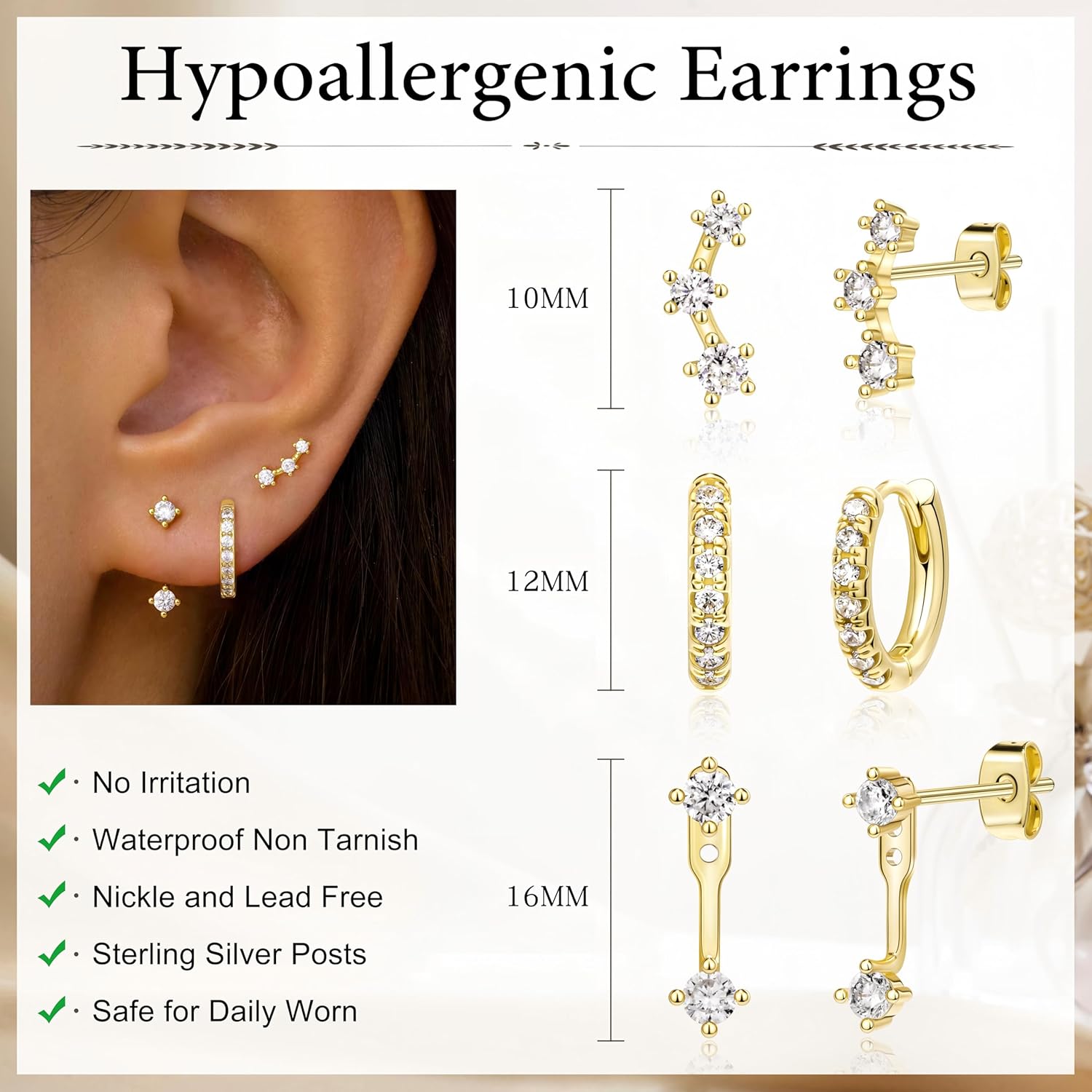 3 Pairs Dainty Small Earrings for Women Trendy, Birthstone Stud Huggie Hoop Jacket Stack for Cartilage Helix, Gold Plated Hypoallergenic Cute Women Fashion Accessories Western Jewelry Gifts